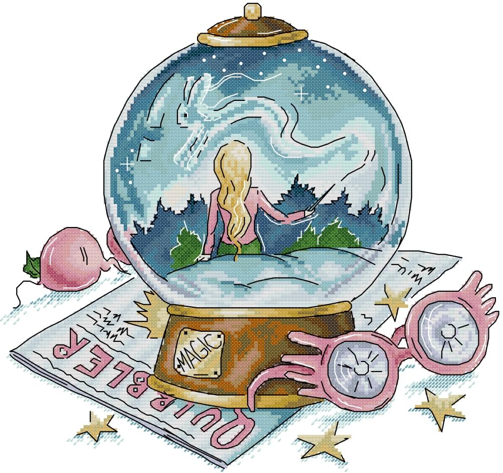 Awesocrafts Witch Cross Stitch Stamped Kits Magic Crystal Ball Flying Rabbit Easy Patterns Cross Stitching Embroidery Needlework Kit Supplies 14Ct 2 Strands