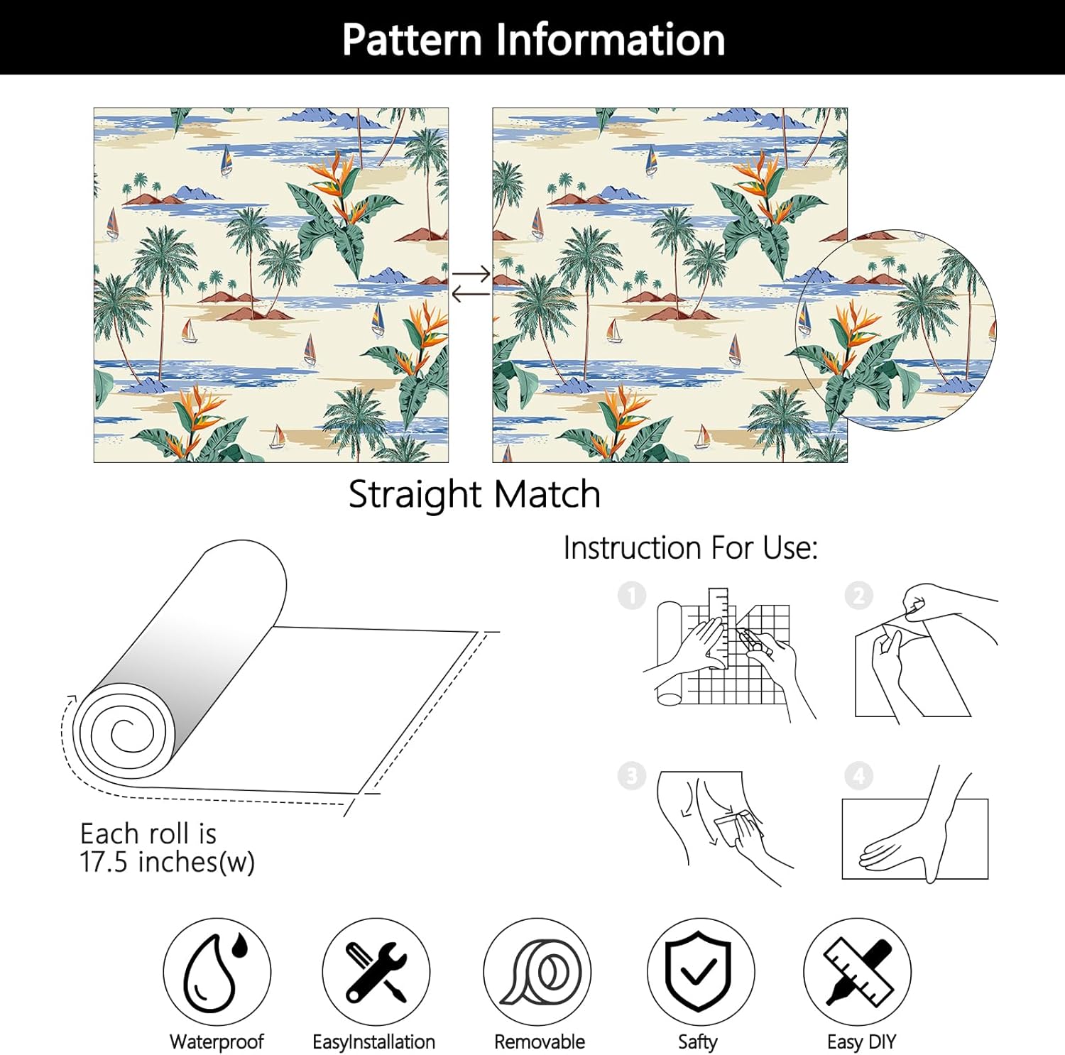 YENHOME 17.5"X276" Island Beach Peel and Stick Wallpaper Beige Background Palm Trees Wallpaper Self Adhesive Wall Mural Beige Sailboat Tropical Contact Paper Removable Wall Paper for Bedroom Bathroom