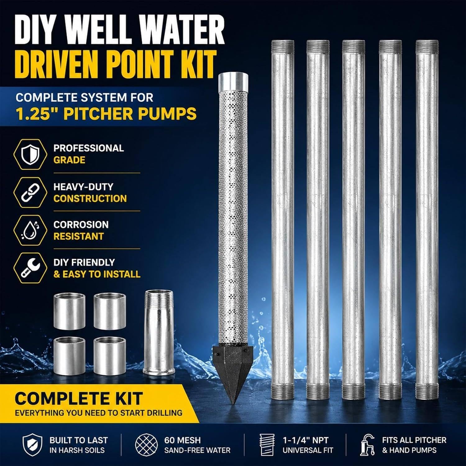 Filtro para Pozo 1-1/4" NPT con Cuerpo Galvanizado y Malla Inoxidable 4M | Sus secciones roscadas permiten ampliar la instalación o sustituir componentes desgastados dentro de un sistema ya existente.