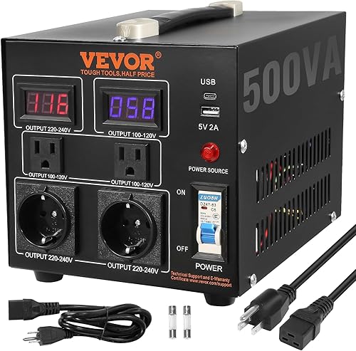 VEVOR Transformador convertidor de voltaje, 500 W, transformador elevadordescendente resistente, convertidor de 110 voltios a 220 voltios y de 220