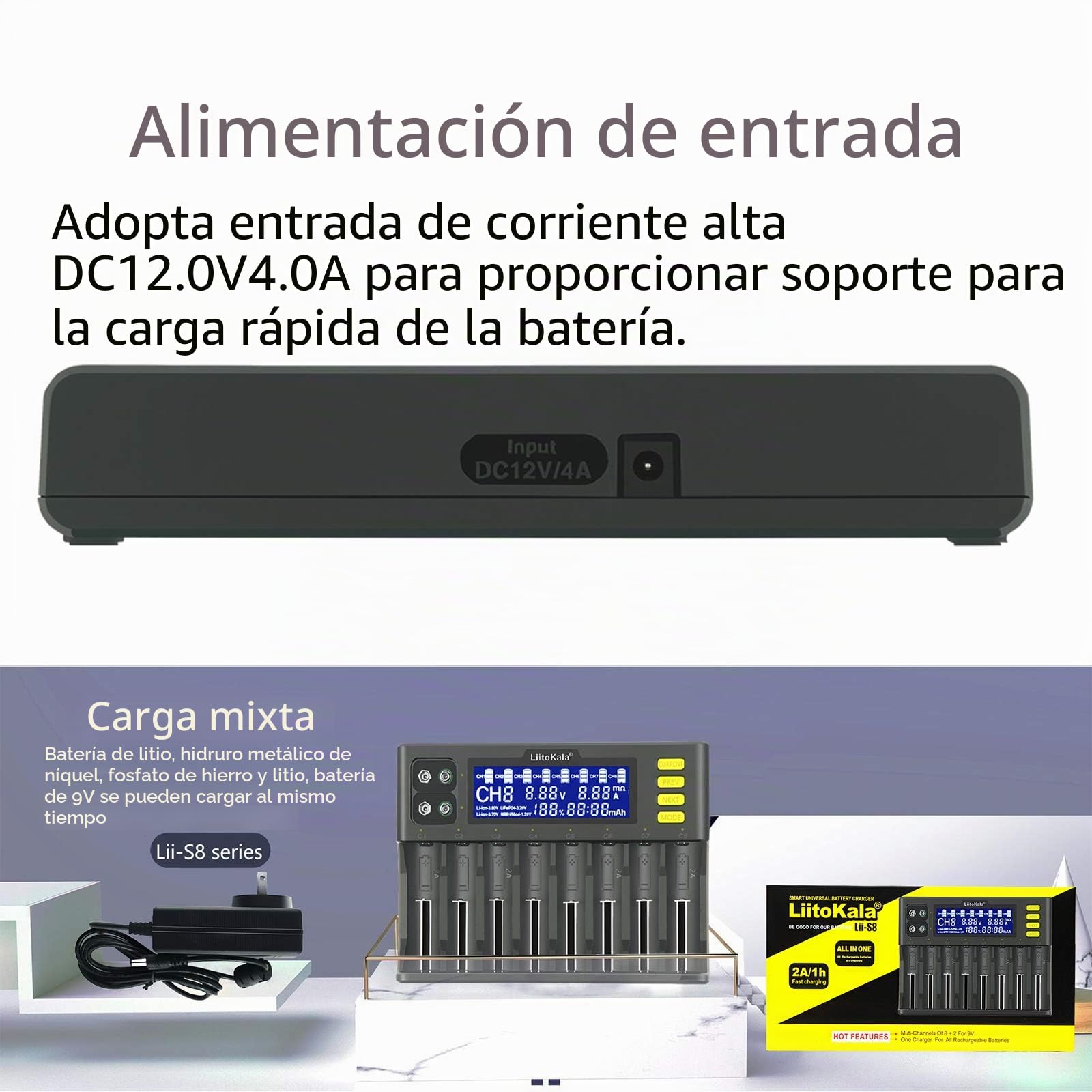 Docooler Cargador de Batería Lones de Litio de 3,7 V / 3,8 V IMR de 3,2 V Batería Ni-MH de 1,2 V LiitoKala LII-S8 para 18650 26650 21700 26700 AA AAA