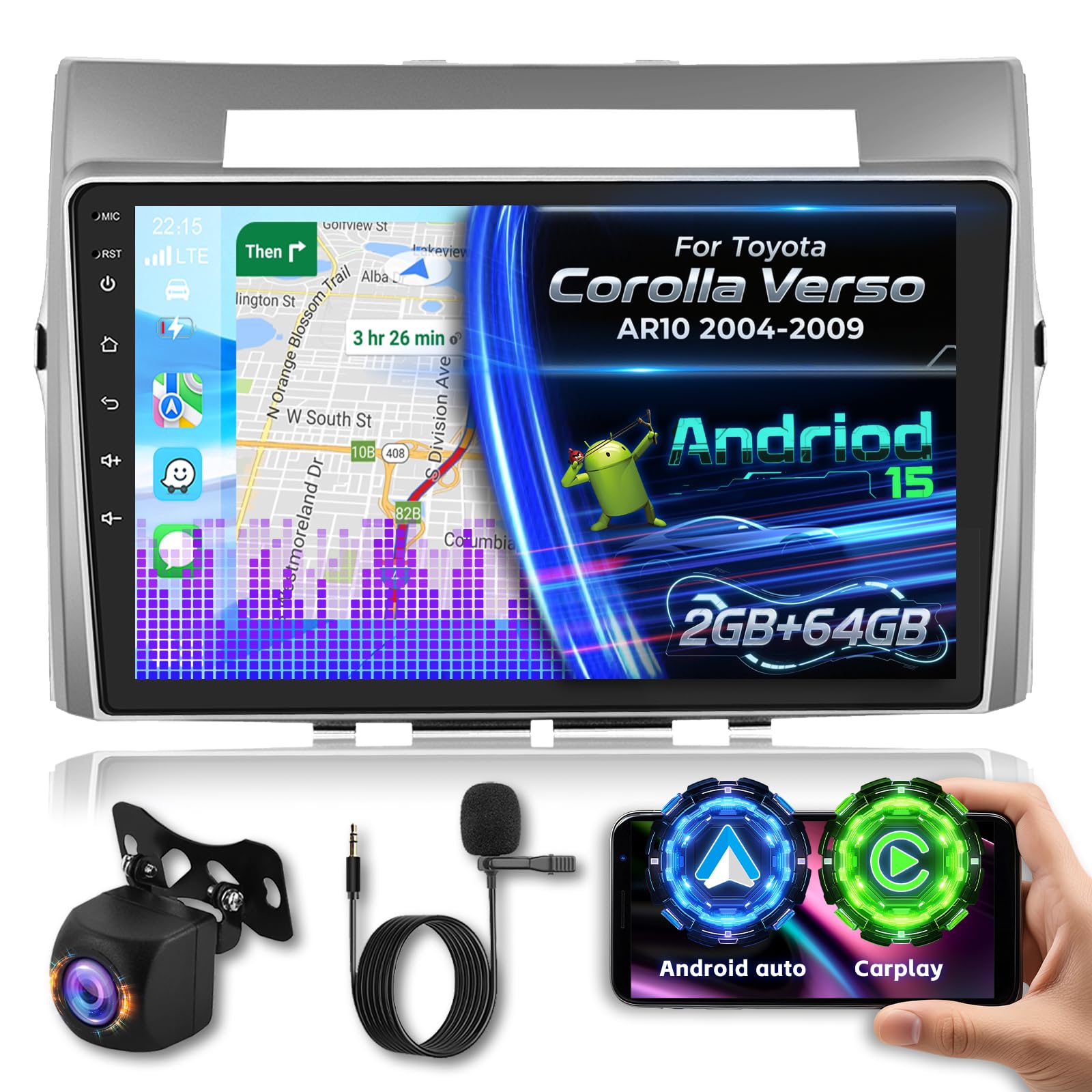 Android Radio Coche para Toyota Corolla Verso AR10 2004-2009 con Wireless Carplay y Android Auto, Radio de Coche con Pantalla Táctil HD de 9 Pulgadas con GPS/WiFi/Bluetooth/EQ/FM RDS