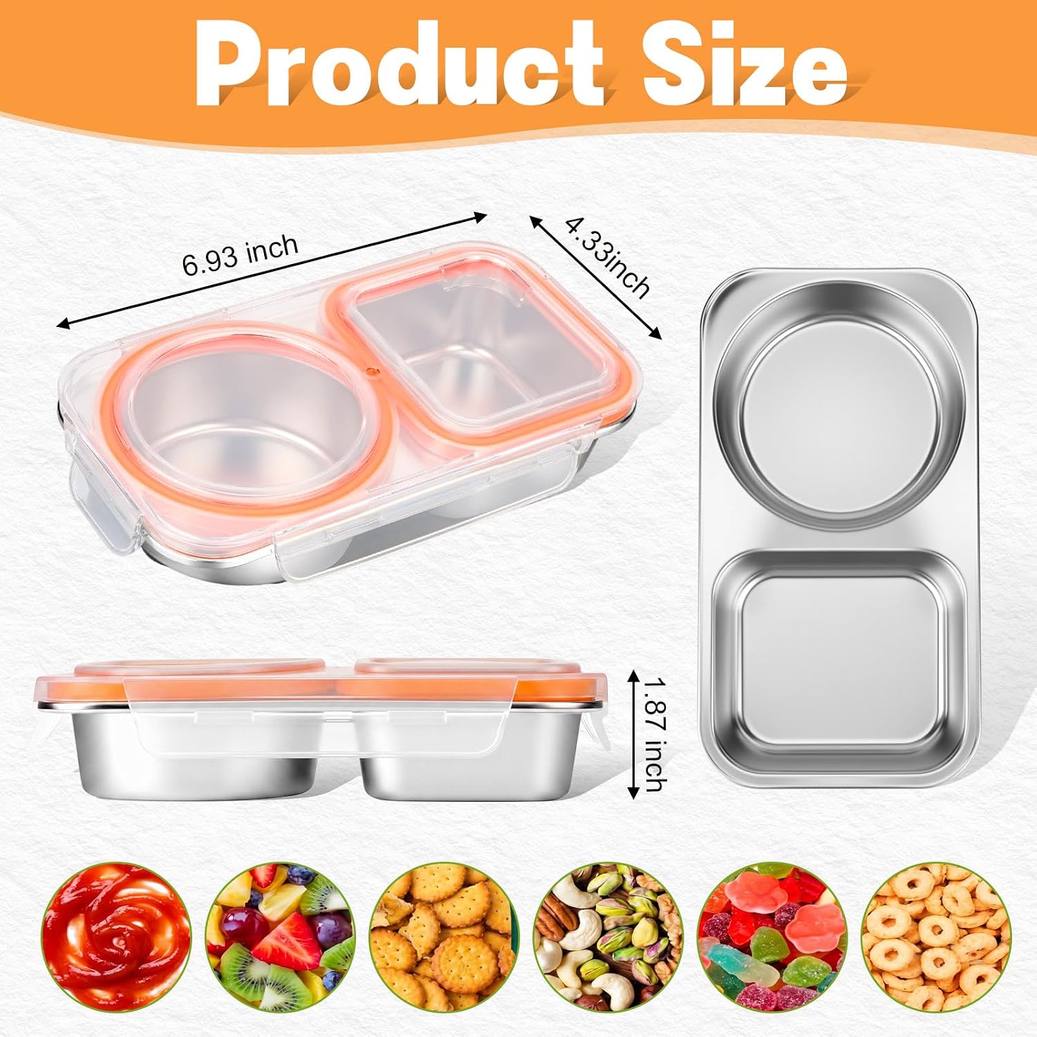 Blushtier Stainless Steel Snack Containers with Lids, 13.5oz 2 Compartment Reusable Metal Snack Boxes, Leakproof Divided Food Storage Containers for Travel, Outdoor, Camping, Office(Orange,2 Pack)