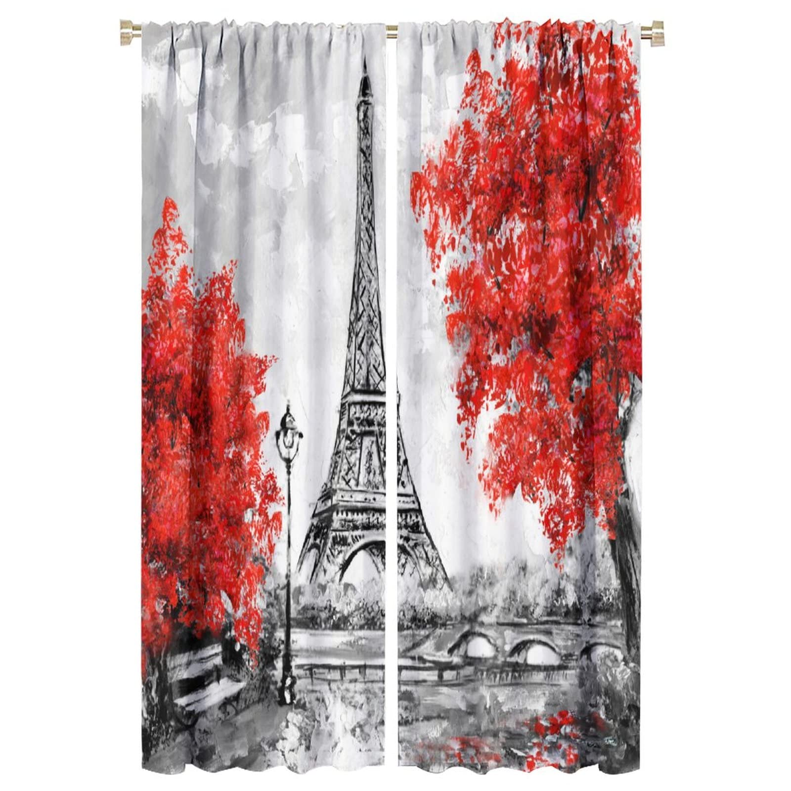 JESTRONRY City Landscape Retro Curtains,Red Paris Oil Painting Eiffel Tower Romance Theme Blackout Rod Pocket Window Drapes Set 2 Panes for Living Room Bedroom Kitchen Cafe W42xL63in