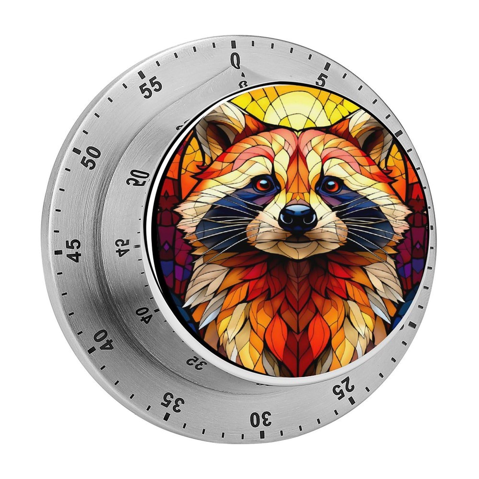 Stained Glass Raccoon 60 Minute Wind Up Timer,Visual Mechanical Magnetic Timer with Loud Alarm for Kitchen