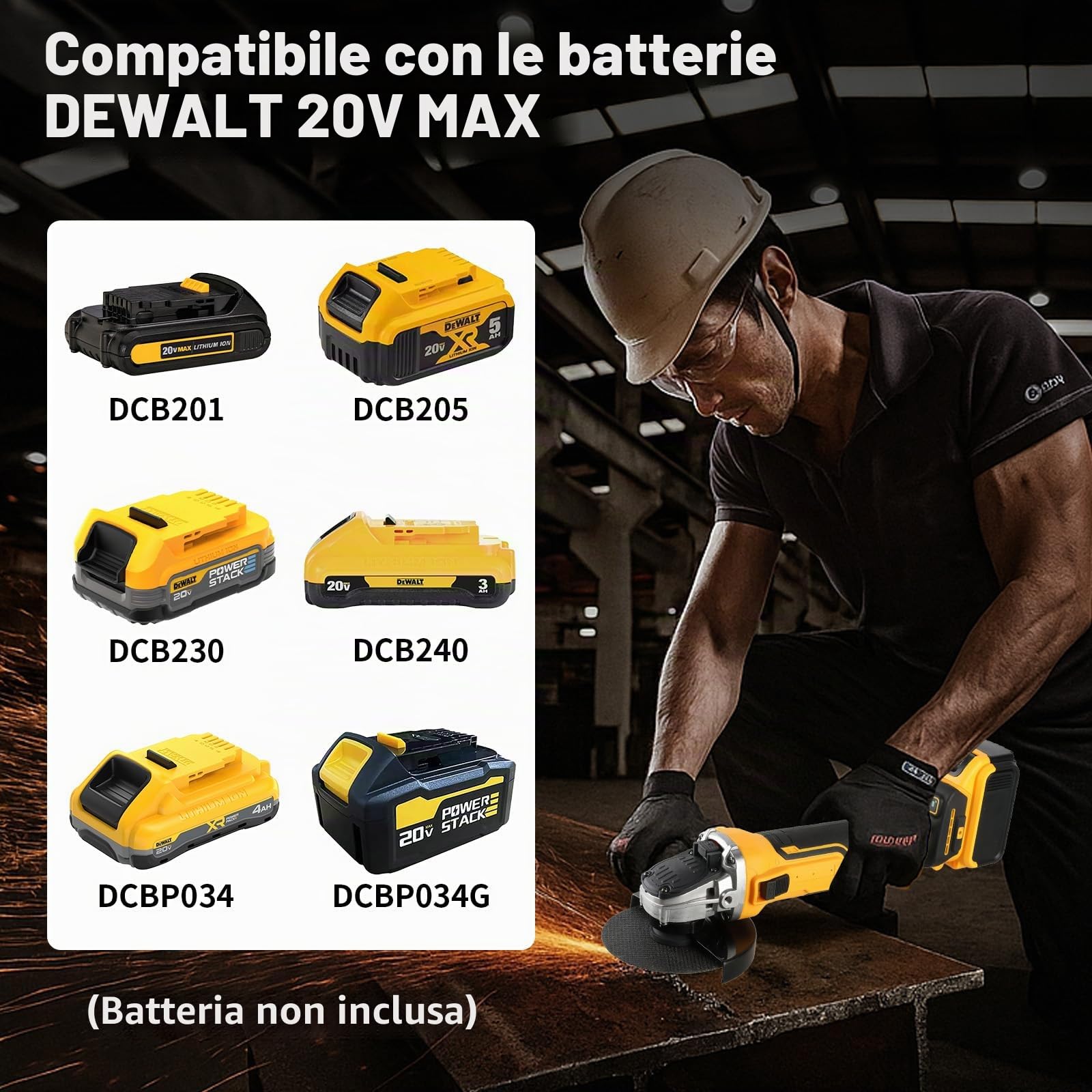 Smerigliatrice angolare senza fili compatibile con batteria Dewalt 18V 20V - Potente strumento smerigliatrice da 125 mm con impostazioni a 3 velocità, motore brushless da 10000 giri/min, protezione