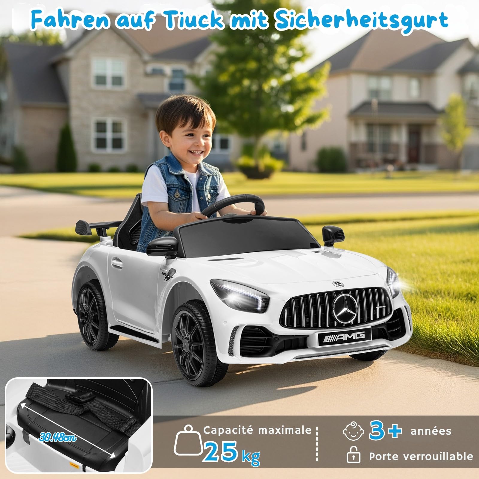 LALAHO Kinder Elektroauto 12V Kinderauto mit 2,4 GHz Fernbedienung Weiß | Elektrofahrzeug 2-türig mit MP3, Hupe, LED-Leuchten
