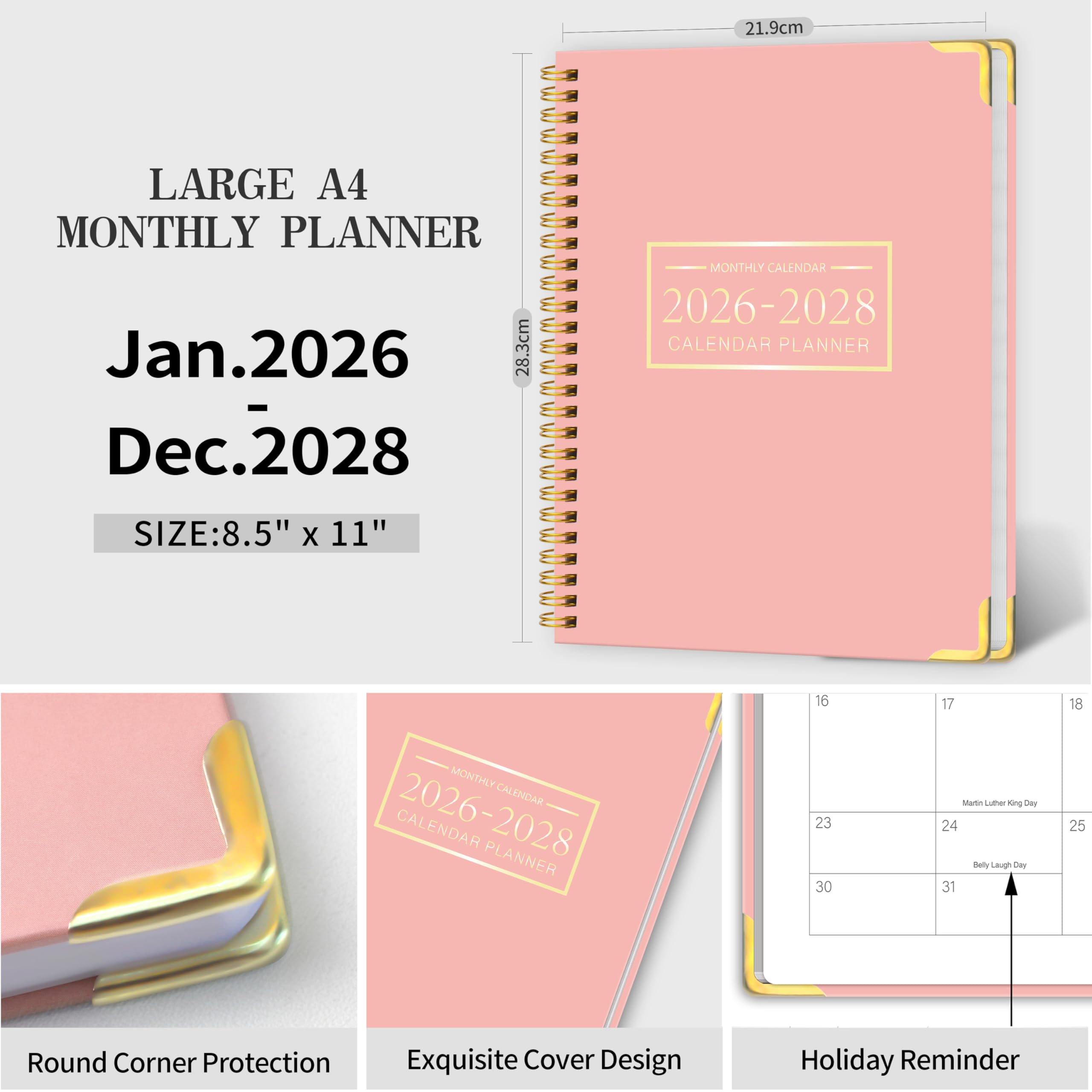 Monatsplaner 2026-2028 - 3 Jahre Monatsplaner 2026-2028, Januar 2026 - Dez. 2028, 21,6 x 27,9 cm, 36 Monate Kalender Planer mit Spiralbindung, Notizseiten, perfekt für Schule & Büro für Frauen