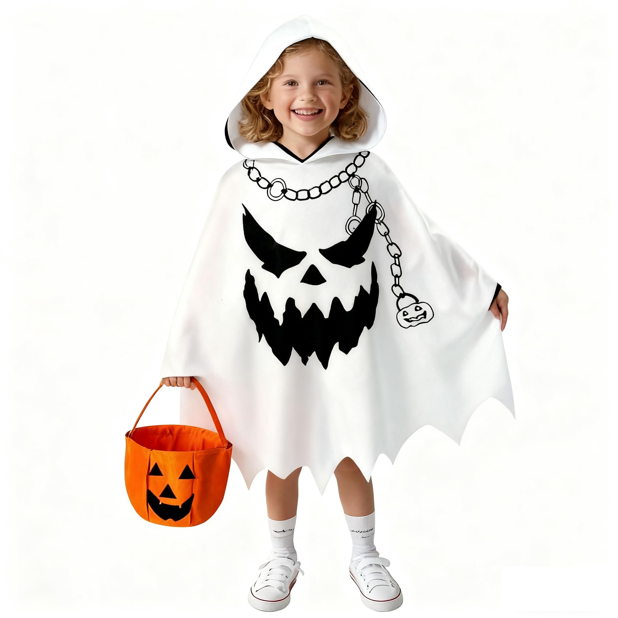 Joxessaien Halloween Ghost Costume Children, Ghost Cape White with Hood for Boys and Girls Halloween Ghost Cape for Party Cosplay Ghost Costume with Pumpkin Bucket