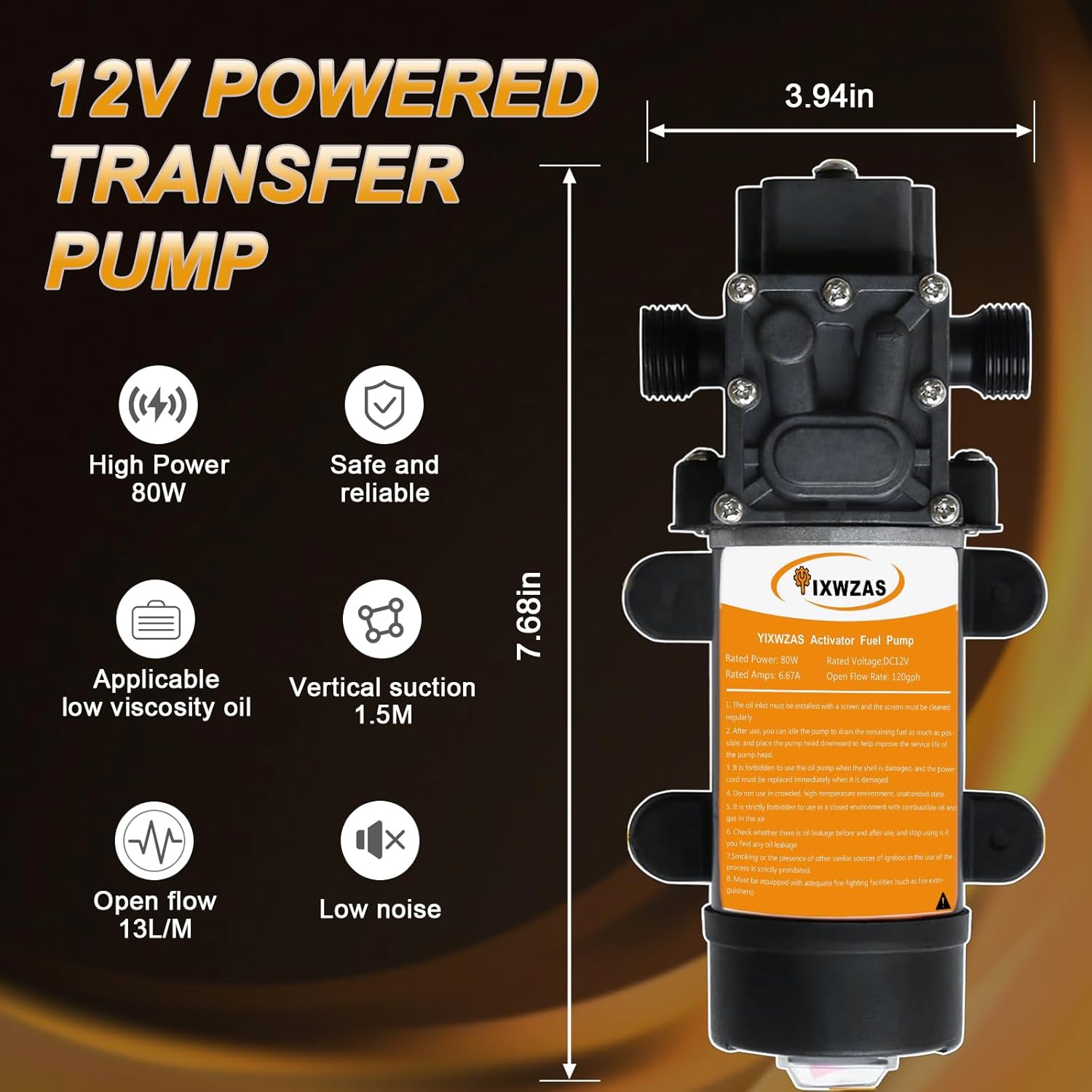 12V 80W Fuel Transfer Pump, Moves Up to 120 Gallons of Gas or Diesel Per Hour, Suitable for Vehicles, Boats, Equipment, Gasoline, Diesel