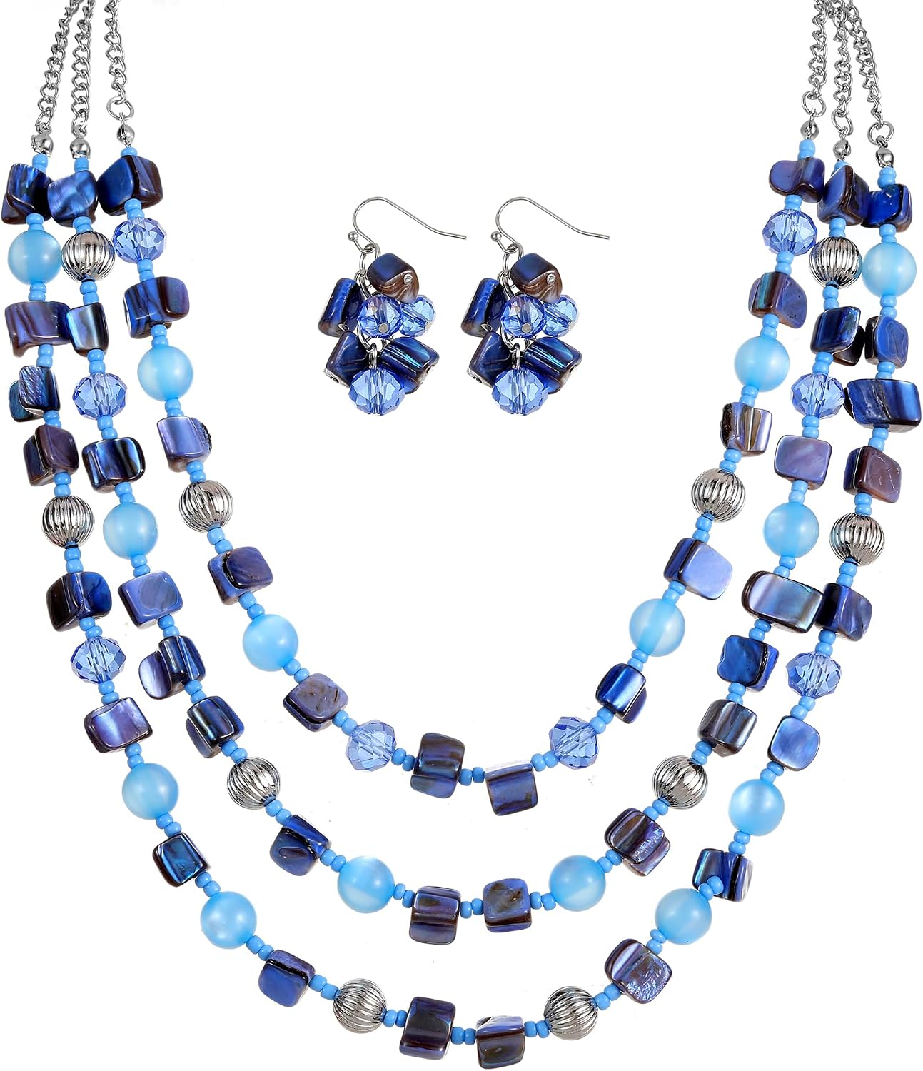Multi Layered Shell Beaded Necklace for Women Boho Colorful Crystal Beads Strand Statement Fashion Jewelry Set Gift