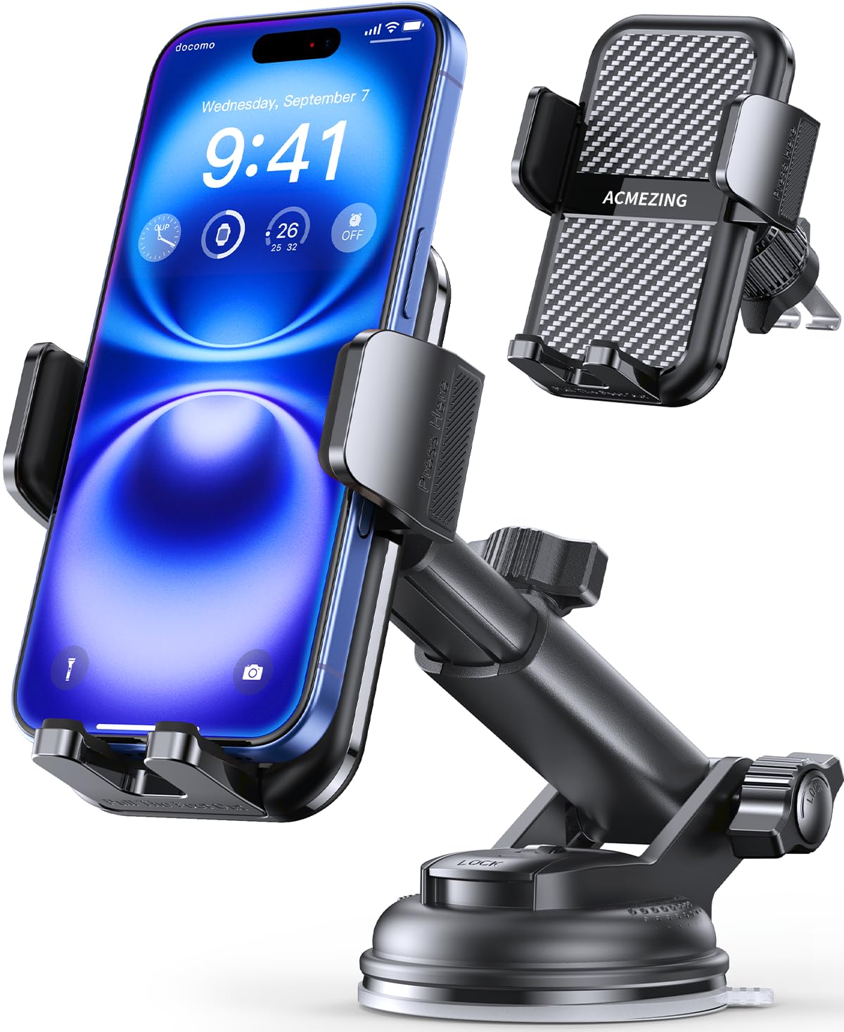 3-in-1 Car Phone Holder [122+LBS Strongest Suction & Stable Clamp Arm] 360° Adjustable Mount, Cell Phone Holders for Your All Car Models for Dashboard Vent, All Smartphones, Black