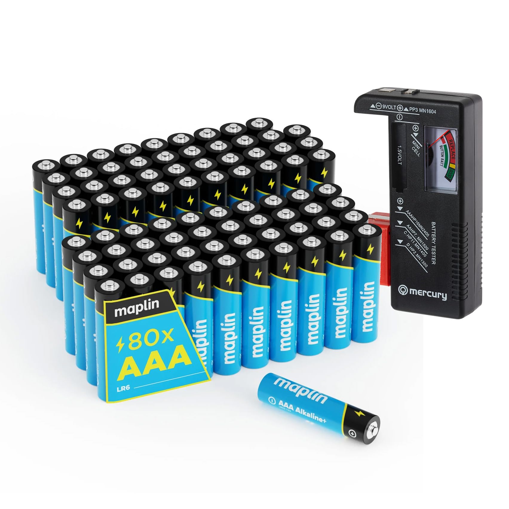 Maplin Lot de 80 Piles alcalines AAA LR03 1,5 V - Durée de Vie de 7 Ans - Haute Performance - avec testeur de Batterie Universel