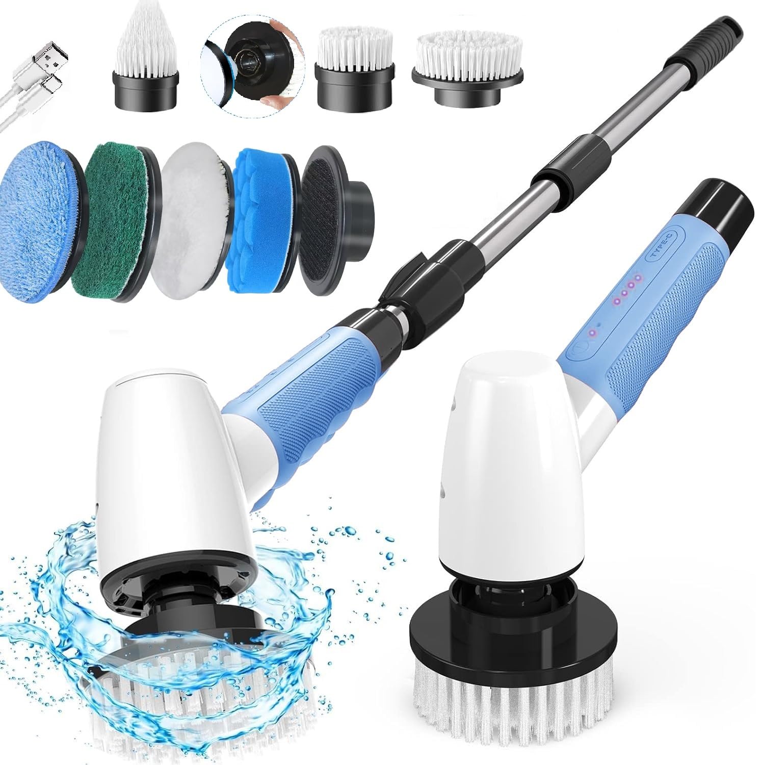 Cordless Electric Spin Scrubber,400 RPM,8 replaceable brush heads,90-min runtime,3 adjustable lengths,and 2 speed settings.Ideal for cleaning bathrooms,showers,bathtubs,glass,and cars.
