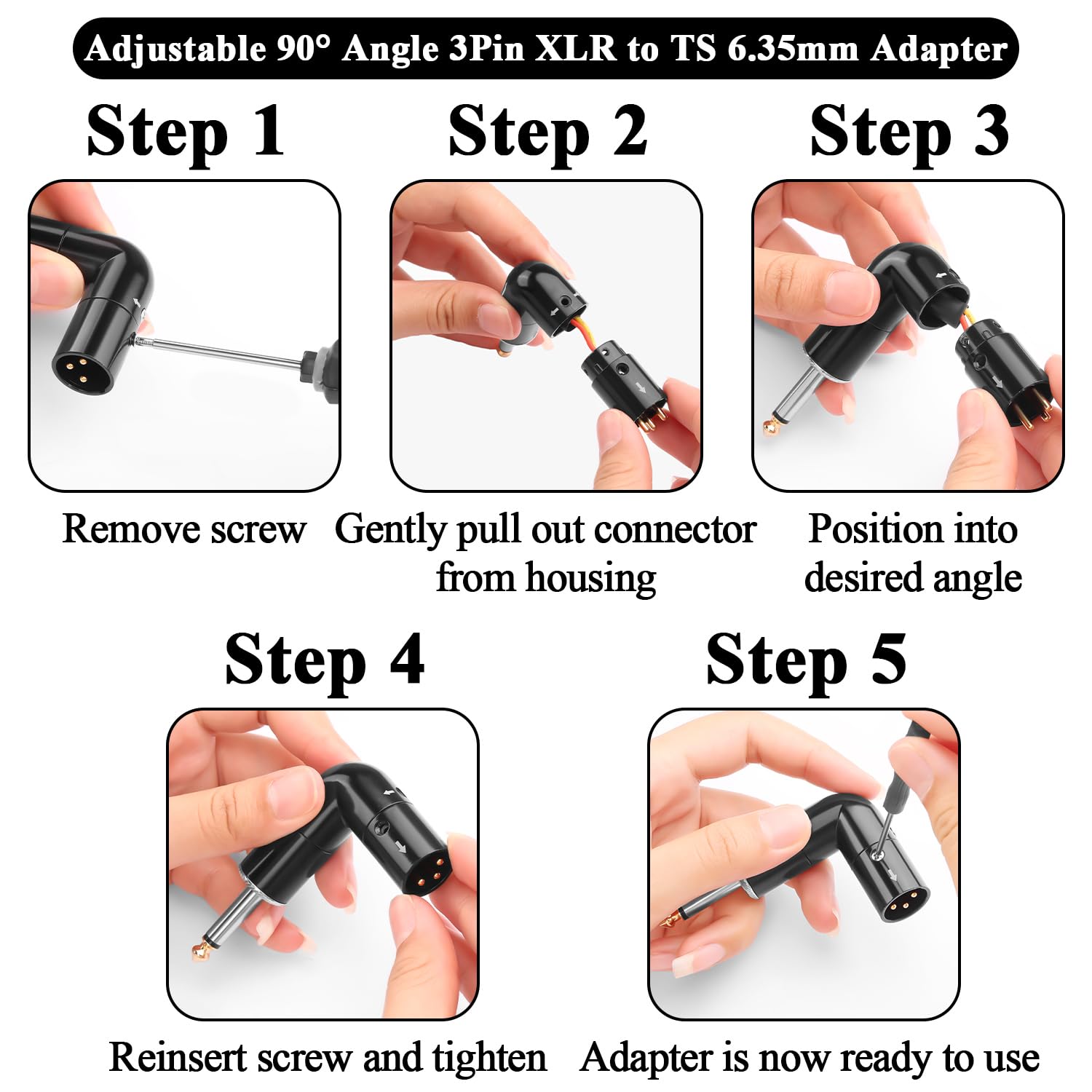 QIANRENON Adjustable 90° Angle XLR to TS 6.35mm Microphone Unbalanced Adapter 3Pin xlr Male to 1/4" TS Male Mono Right Angle Audio Connector xlr Direction 360° Change - Image 4