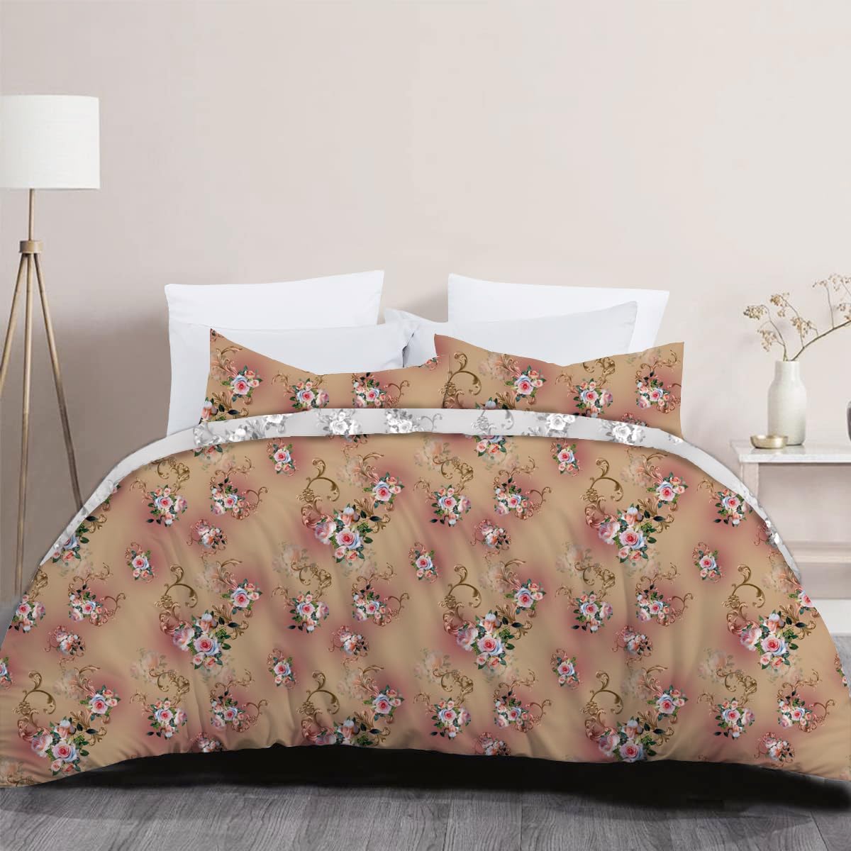 Housse De Couette Vintage Aquarelle Fleurs Bleu Réversible - Microfibre Douce 200x200 Cm Avec 2 Taies - 6