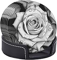 Vista 6 de Black White Rose Print 6 Pcs Round Coasters Leather Waterproof Drink Coasters Mugs Mat Pad with Holder for Living Room Kitchen Bar 3.9 Inch