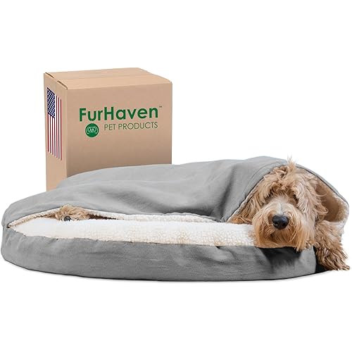 Furhaven 35" Round Orthopedic Dog Bed for Large/Medium Dogs w/ Removable Washable Cover, For Dogs Up to 50 lbs - Sherpa & Suede Snuggery - Gray, 35-inch