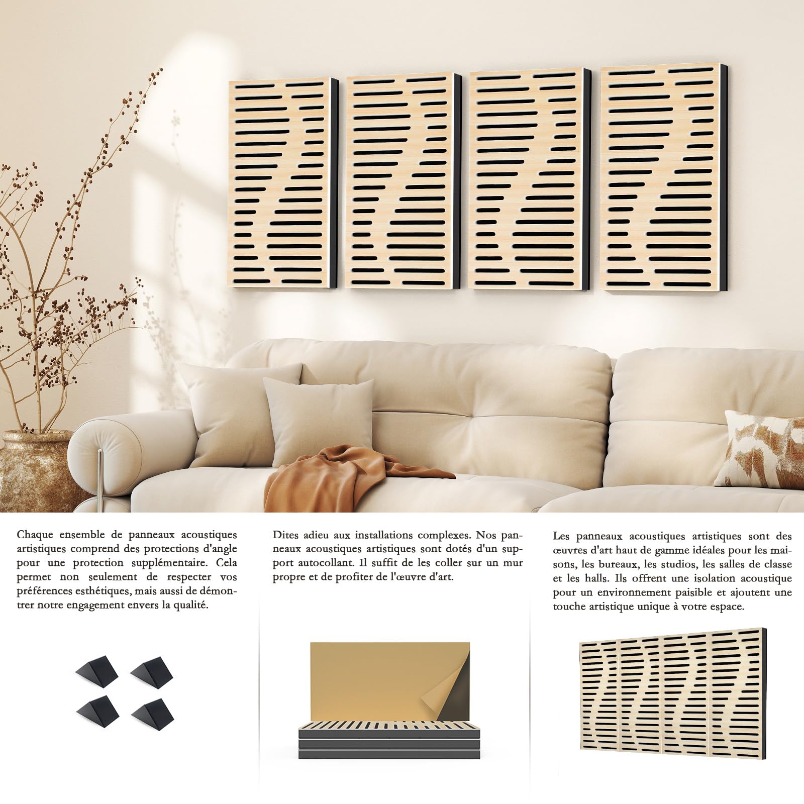 JBER Lot de 4 panneaux acoustiques en mousse - Autocollants et insonorisants pour murs - Panneaux muraux décoratifs 3D en fibre de polyester perforée à trois couches pour studio d'enregistrement