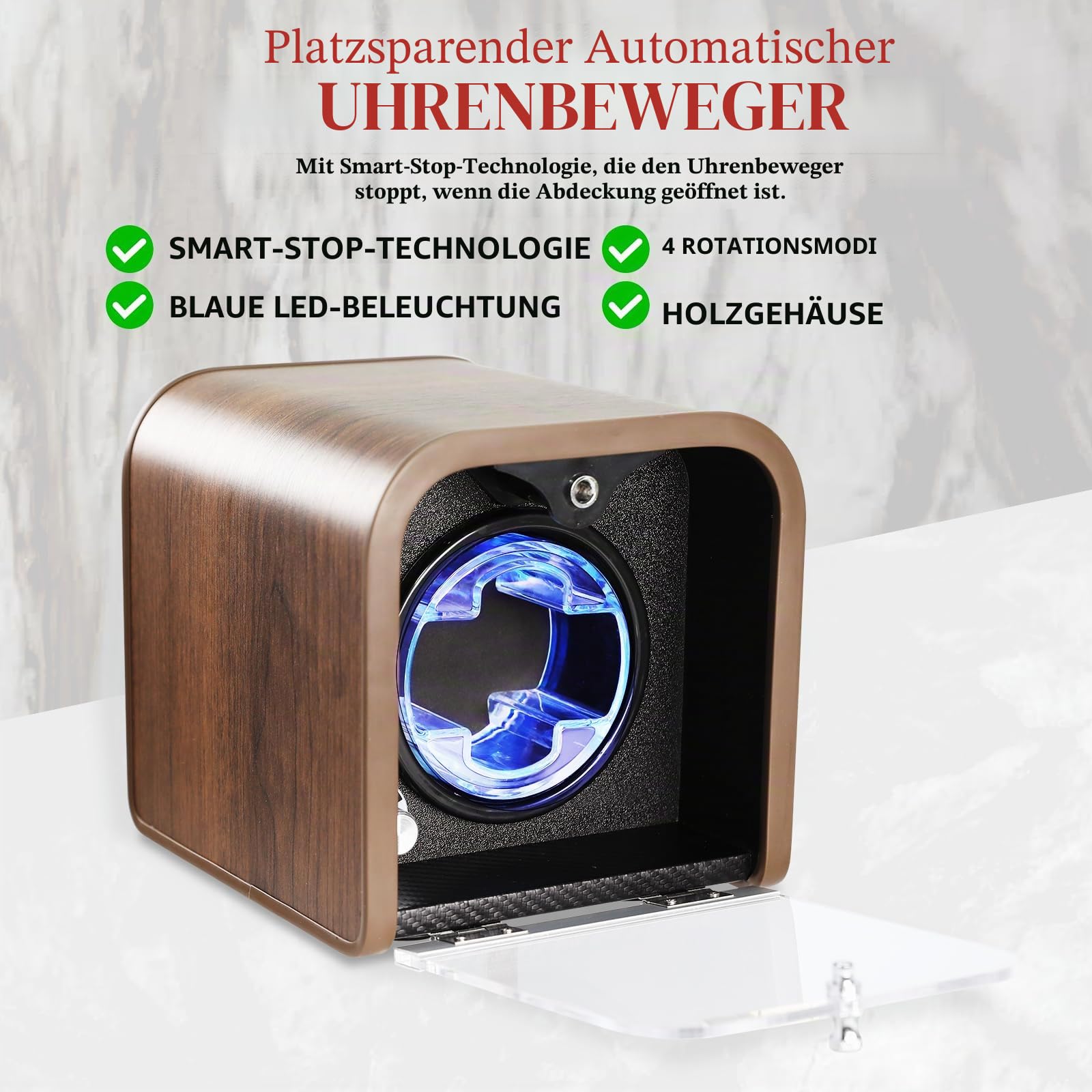 GAIN EXPRESS Automatik Uhrenbeweger, Einzel-Uhrenbeweger mit 4 Rotationsmodi Watch Winder mit Blaue LED-Beleuchtung, Schaumstoffpolster, Uhrenaufbewahrungsbox für Automatikuhren