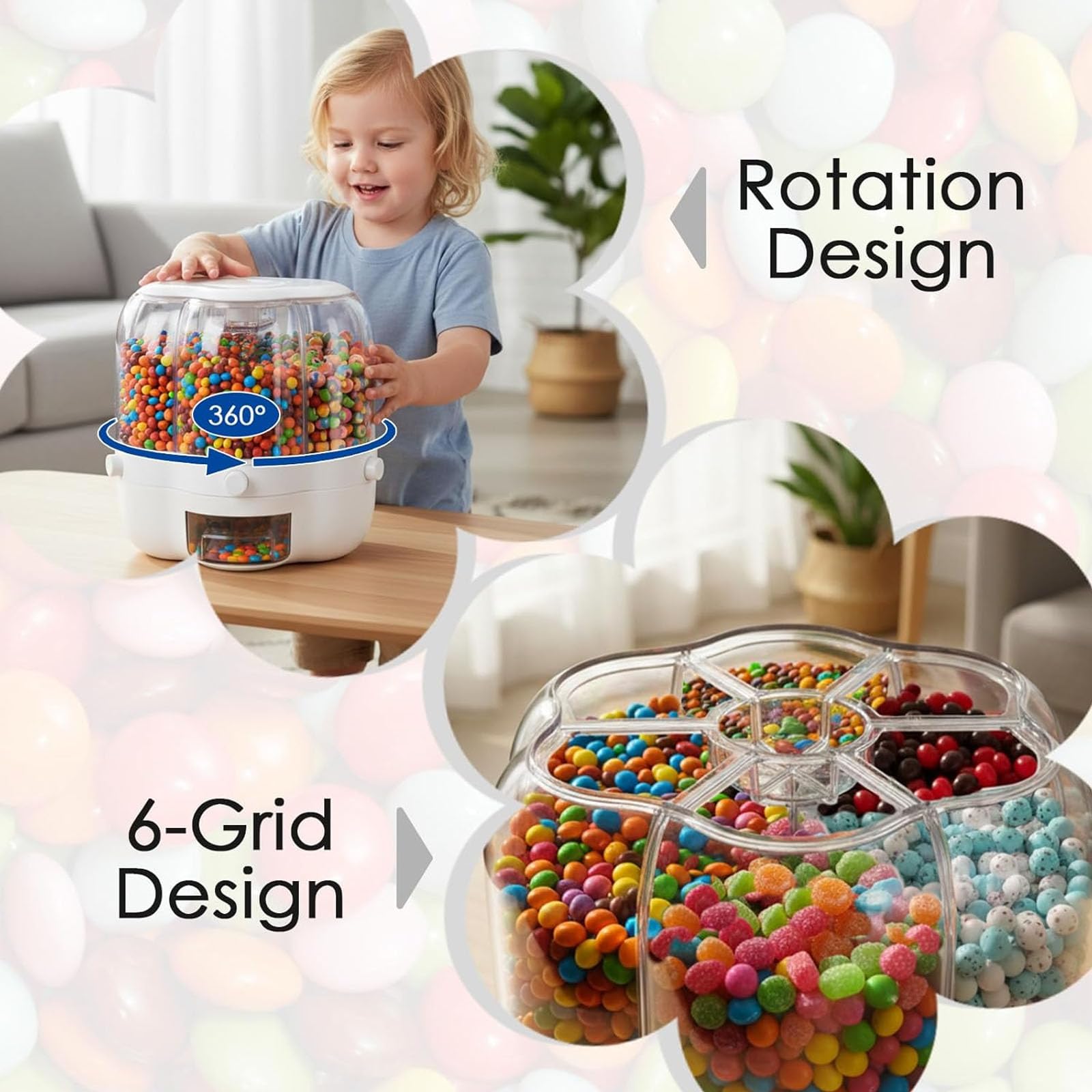 Dispensador de caramelos giratorio 360°, 6 compartimentos para aperitivos y granos, tipo prensa divertida con cajón transparente, almacenamiento de encimera para dulces y arroz