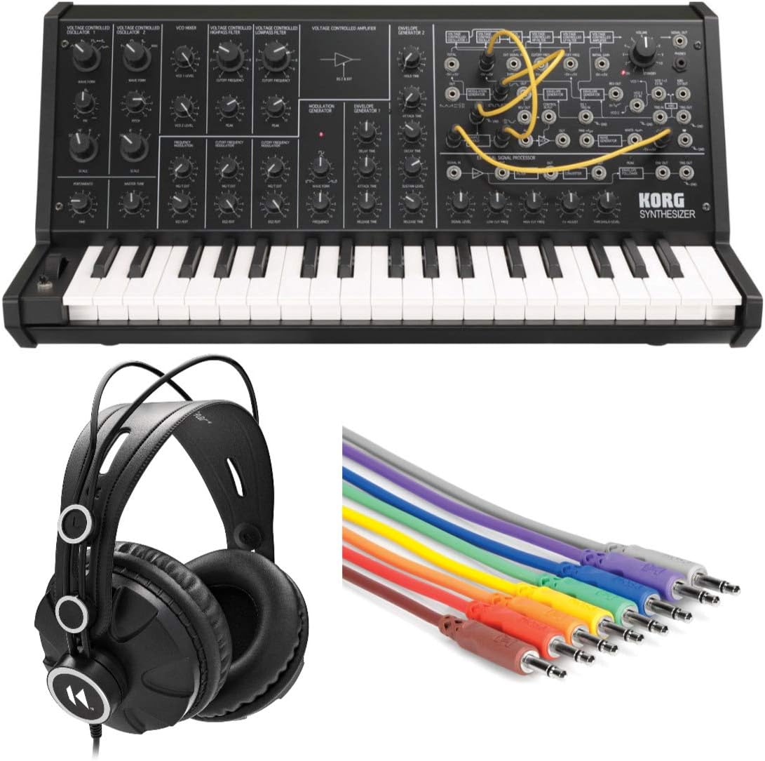 KORG MS-20 Mini Monophonic Semi-Modular Analog Synthesizer Bundle with Knox Gear Closed-Back Headphones & 8-Pack of Hosa CMM-830 3.5mm TS to 3.5mm TS Unbalanced Patch Cables (3 Items)