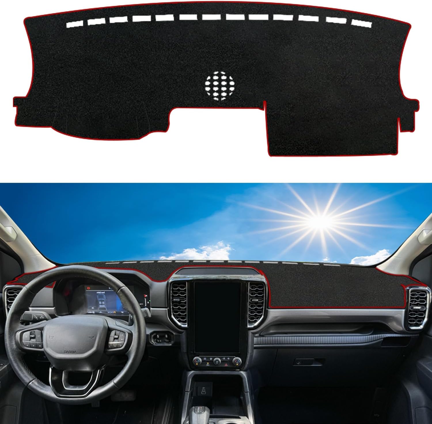 Rifoda Dash Board Cover Fit for Ford Ranger 2024 2025 Dashboard Cover Mat Non-Slip Pad Carpet Sunshield Protector (Red Edge)