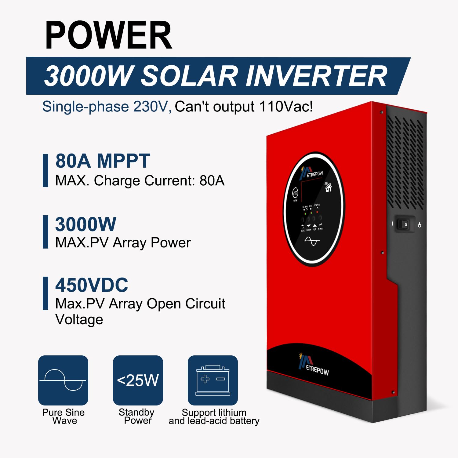 3000W Inverter Ibrido da 24V DC a 230V AC a Onda Sinusoidale Pura con Regolatore di Carica Solare MPPT da 80A Ingresso Fotovoltaico Massimo 450V con Batterie al Piombo o al Litio