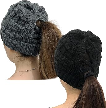 PHOGARY Ponytail Hat for Women, Warm Trendy Soft Stretch Criss Cross Hat Knit Hats Cute Winter Hats for Women, 2 Pack