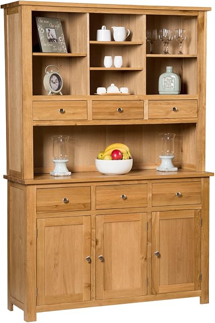 Hallowood Furniture Waverly Large Display Cabinet in Light Oak Finish  Solid Wooden Dresser Display Cabinet with 6 Drawers and Storage Cupboard for Kitchen & Living Room-Storage Unit for Dining Room
