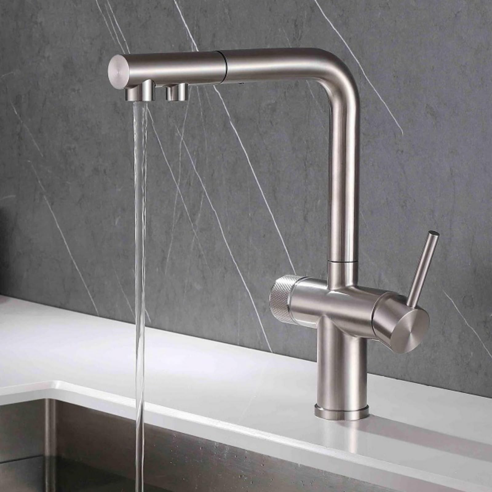 Grifo Osmosis Extraible Grifo Cocina Acero Inoxidable con 2 Salidas Grifo de Cocina Fregadero con Osmosis Mezclador Agua Fría y Caliente