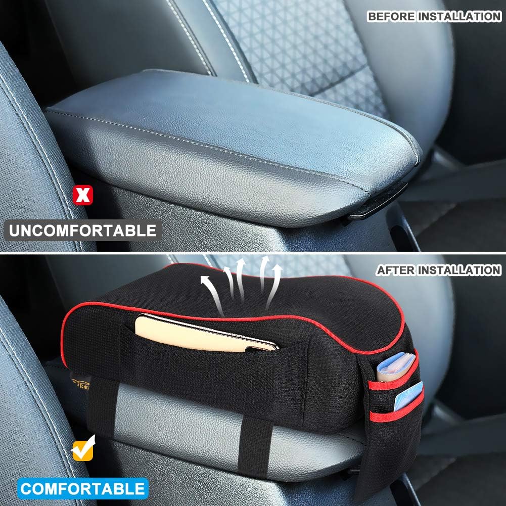 LINGSFIRE Car Armrest Cushion Car Center Console Armrest Cover Memory Foam Car Middle Console Cover Soft Breathable Car Armrest Cushion Pad with Phone Holder Storage Bag Universal Fit for Most Car