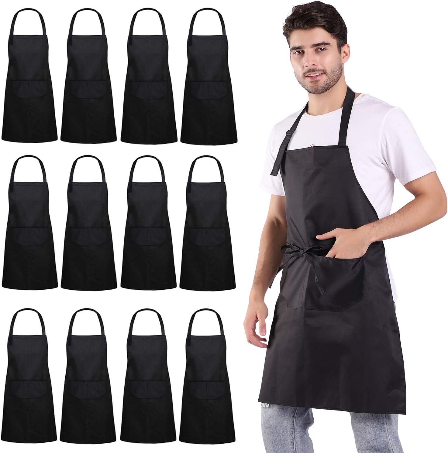 ALIPOBO 12 Pack Aprons for Women and Men, Kitchen Chef Apron with 2 Pockets and 40" Long Ties, Adjustable Bib Apron for Cooking, Serving - 32" x 28" - Black