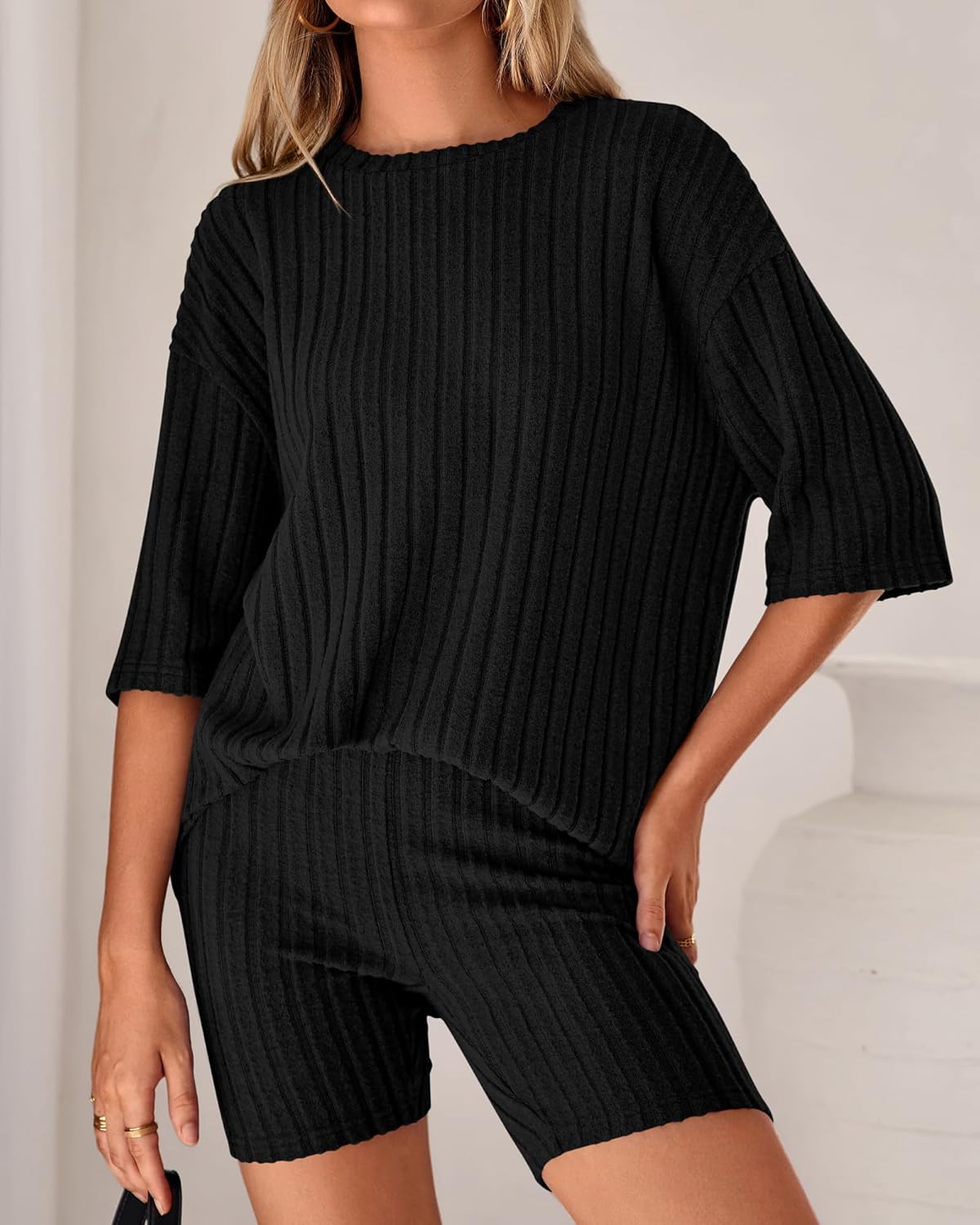 KIRUNDO Lounge Sets For Women 2 Piece Ribbed Knit Shorts Set Casual Short Sleeve Tops Biker Shorts Vacation Cruise Outfits - Image 4