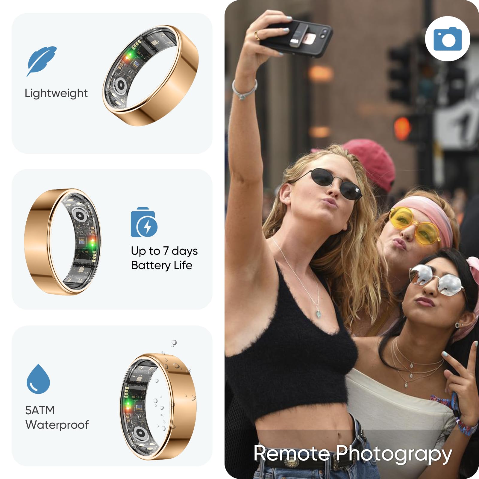 BENIO Anillo inteligente para mujeres y hombres, rastreador de salud con frecuencia cardíaca, oxígeno en sangre, monitor de sueño, contador de pasos, anillo de fitness, sin tarifas de aplicación para