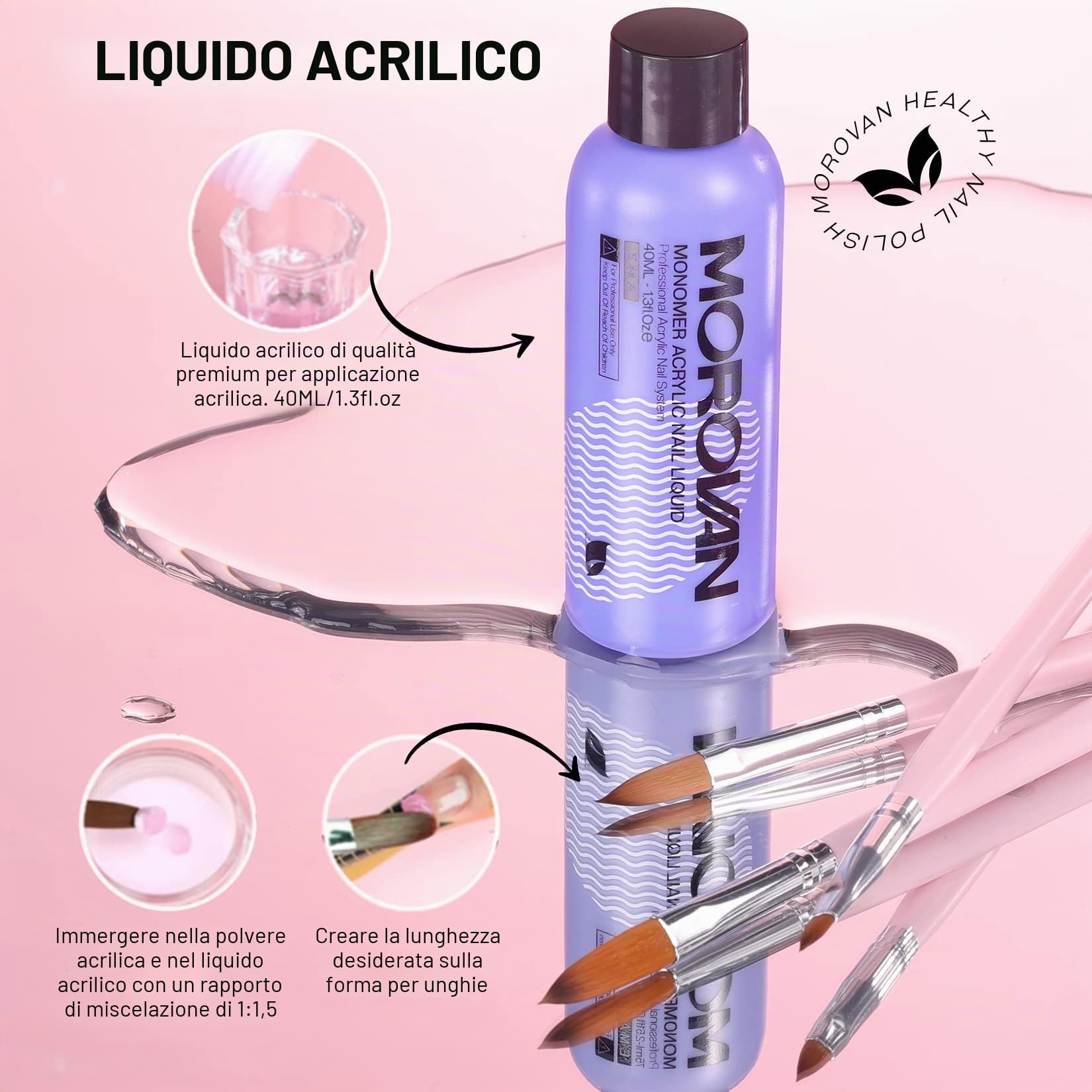 Morovan Polvere acrilica per unghie, 3 colori e 3 pennelli professionali, kit per principianti nail art