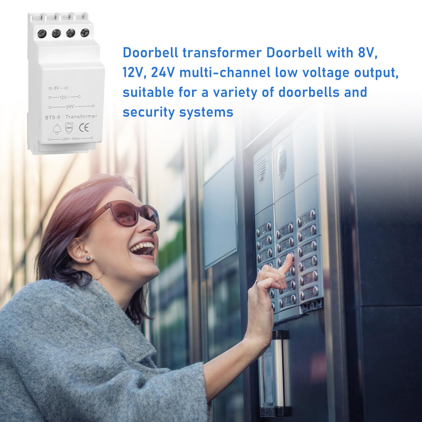 Transformator dzwonka do drzwi 8 V 12 V 24 V: transformator do dzwonka do drzwi o maksymalnej mocy 8 VA, wyjścia niskiego napięcia, pasuje do znormalizowanej szyny montażowej (35 mm)