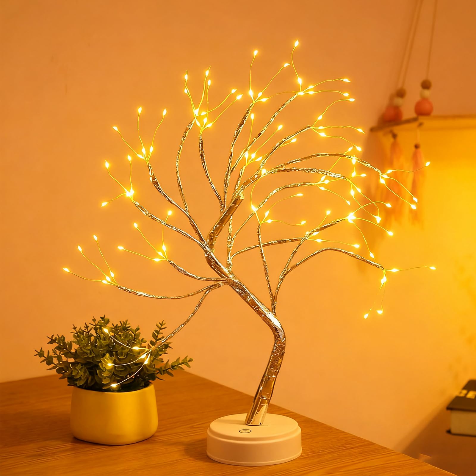 Hbaushun Lampa stołowa bonsai, 50 cm, 108 diod LED, łańcuch świetlny na baterie/USB, przełączniki czujnika dotykowego, sztuczna lampa choinkowa do sypialni, na biurko, dekoracja pokoju