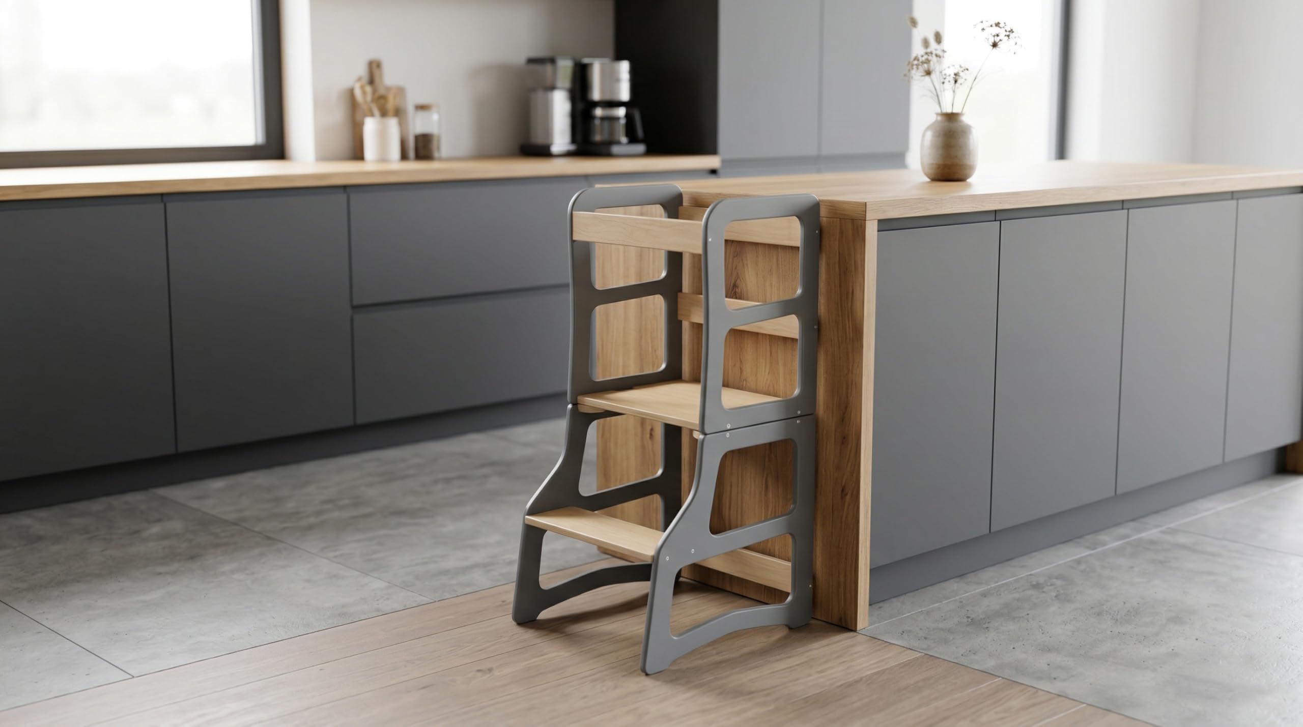 Dunorm - Lernturm Kinder Montessori, Lerntuem Tisch, Küchenhelfer Steh, Umwandelbarer Leiter Helferhocker, 2 in 1 Set Mit Hochstuhl Vorhanden, Handgefertigt