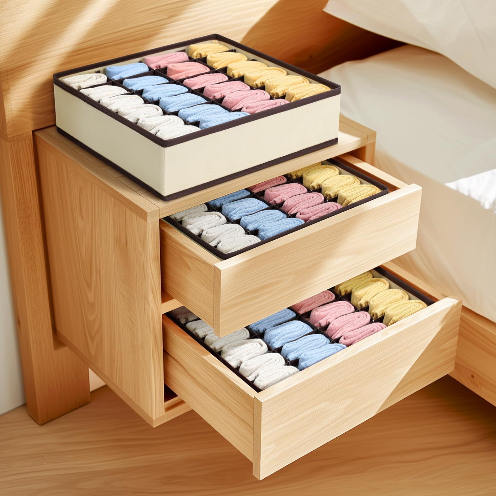 Socken-Organizer, 4 Stück, große Socken-Schubladen-Trennwand, Unterwäsche-Aufbewahrung, 24 Zellen, Schrank-Organizer und Aufbewahrung für Kleiderschränke, Schubladen (Beige)