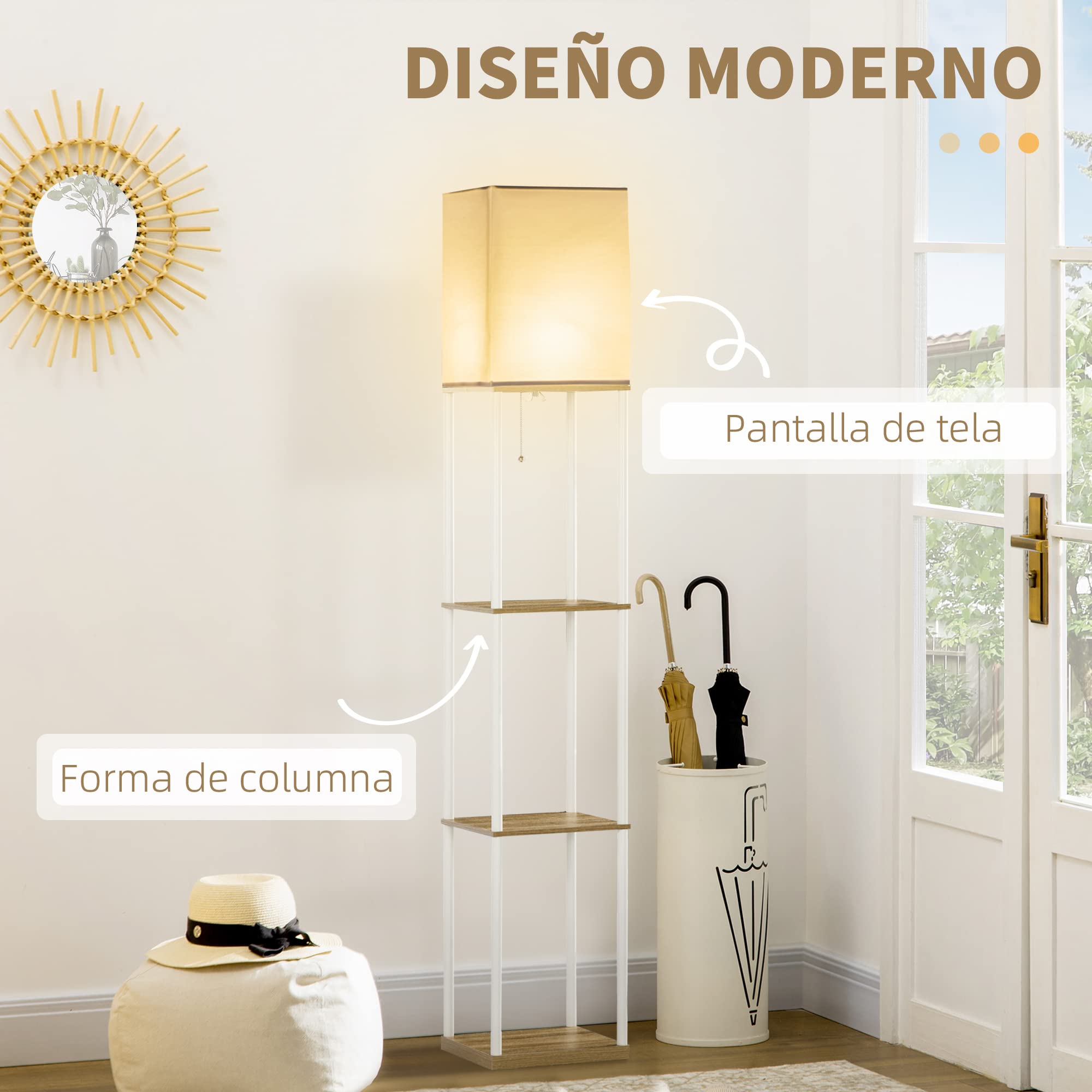 HOMCOM Lámpara de Pie Moderna con Estantes Lámpara de Pie para Salón Casquillo E27 Max. 40W con Pantalla de Tela e Interruptor para Dormitorio Oficina 26x26x159 cm Blanco