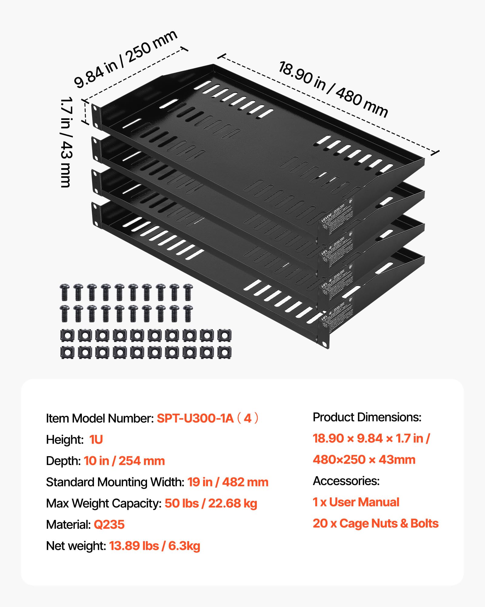 VEVOR 1U Server-Rack-Regal 4 STK. 22,68 kg belüfteter Ausleger Wandmontage 254 mm Tiefe 482 mm
