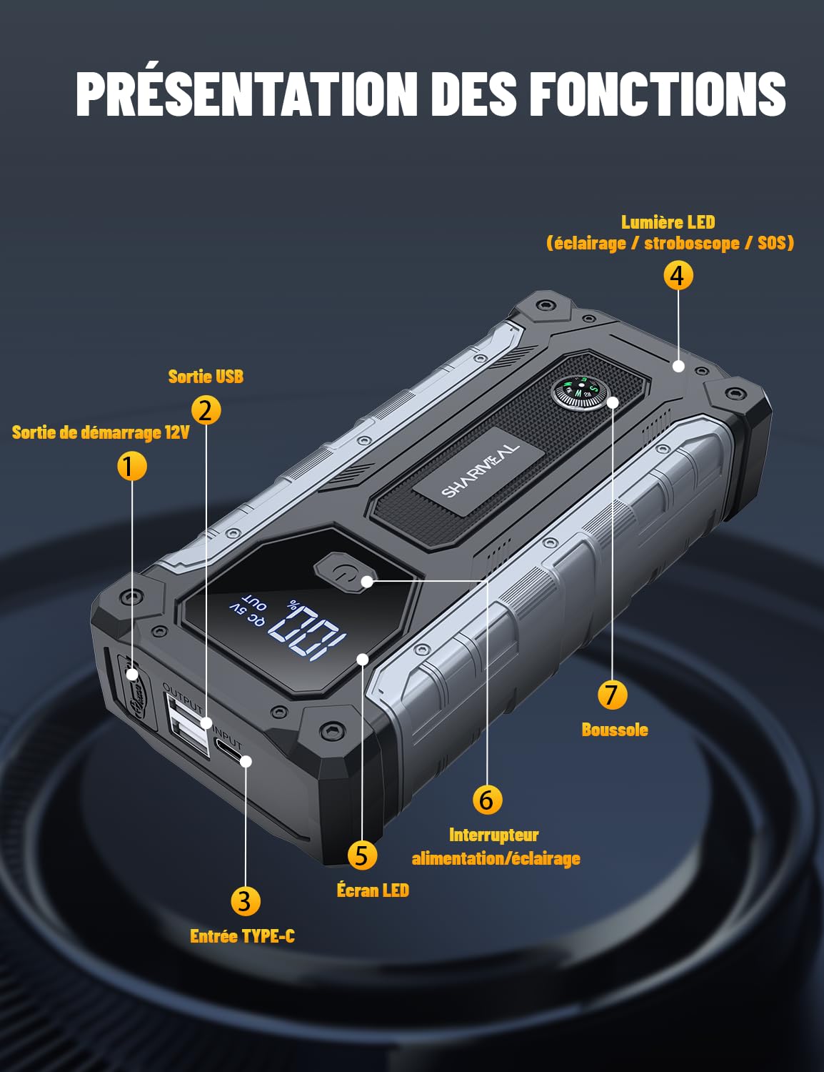 Sharmeal Booster Batterie Voiture 8000A, Démarreur Batterie Voiture Portable(Tout Essence ou 10L Diesel), 12V Jump Starter, Pinces de Sûreté Intelligentes, Grand Écran LCD, 400 Lumière LED 3 Modes
