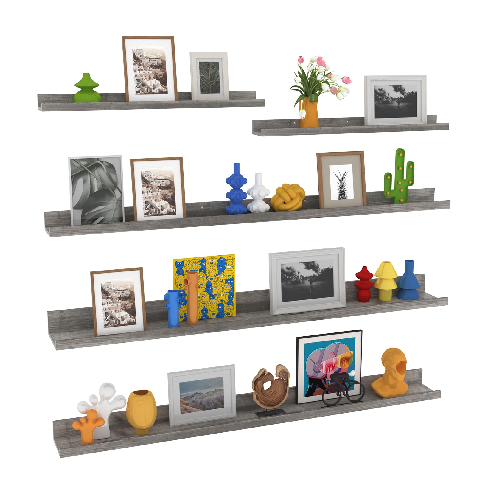 Lyeasw Rustic Grey Floating Shelves for Wall 24 Inch Long, Set of 5 Tiered-Depth Wall Shelves, Picture Ledge Shelf for Living Room, Bedroom，Kitchen,