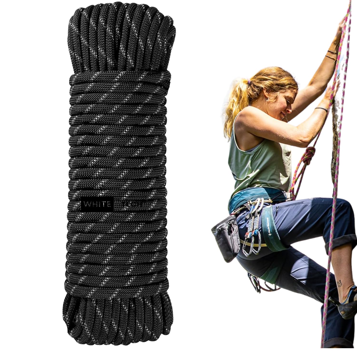 White Tech (10.5mm 10mtr) Climbing Static Rope Nylon High Strength Industrial Safety Rope, Hiking Climbing Fire Escape Rappelling Construction Indoor Outdoor Climbing Rope (Black)