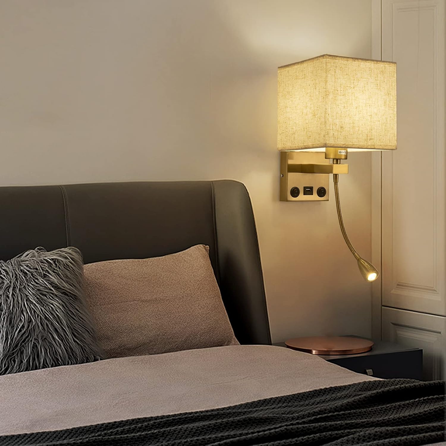 Wall Sconces, Hardwired Wall Lamp with USB Port White Fabric Shade Bedside Wall Lights with Reading Lamp for Bedroom Living Room Hotels and Office (Gold)