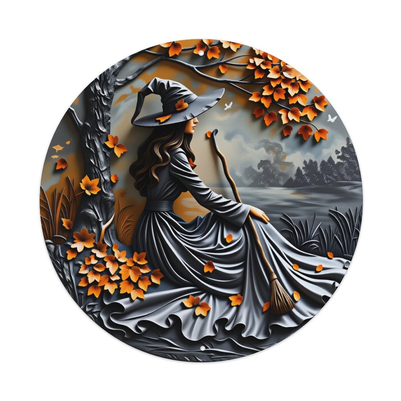 Witch Autumn Tree Leaves Broom Round Tin Sign Vintage Metal Poster Retro Bar, Home, Man Cave, Kitchen, Laundry Room Wall Art Decor Gift 8x8In