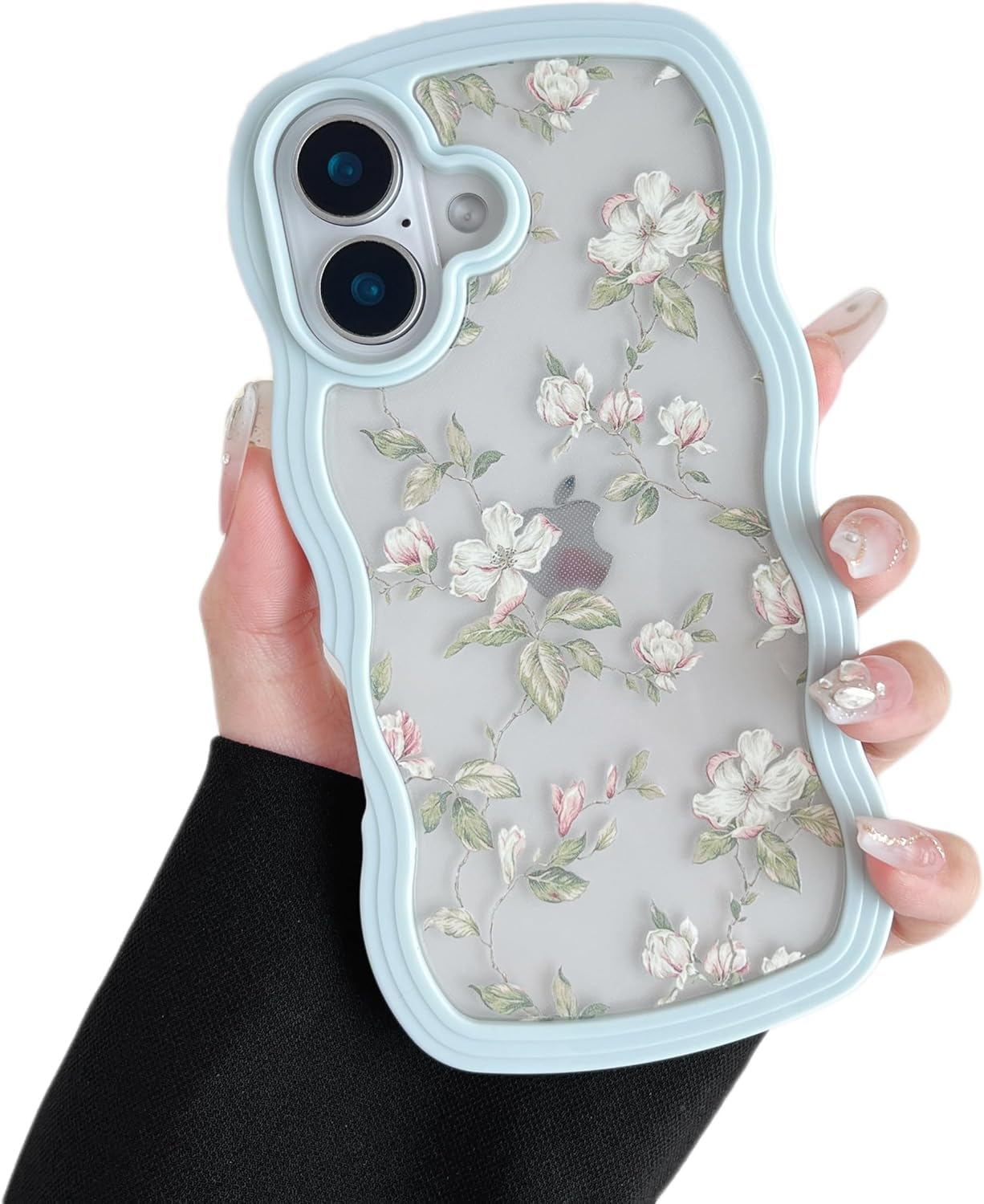 Compatible with iPhone 16 – Floral Transparent Wavy Silicone Case, Cute Pressed Flower Design, Shockproof Soft TPU Back Cover, Slim Protective Bumper Case for Women & Girls (Blue)