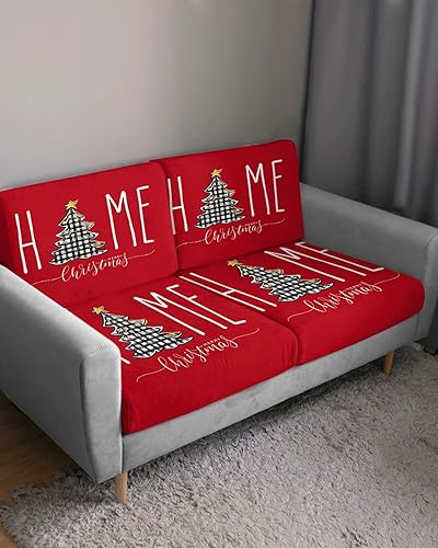 Miniatura 3 de Fundas de cojín rojas de Navidad, funda elástica para sofá con parte inferior elástica, fundas de sofá con diseño de árbol de Navidad a cuadros