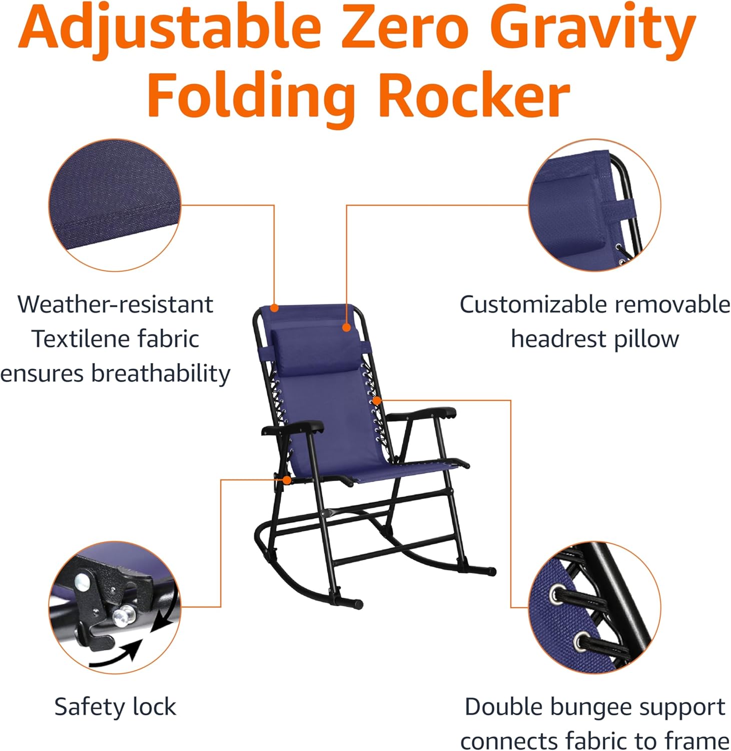 Amazon Basics Outdoor Patio Zero Gravity Folding Reclining Lounge Rocking Chair with Pillow, Afforable Folding Chairs for Outside, Navy